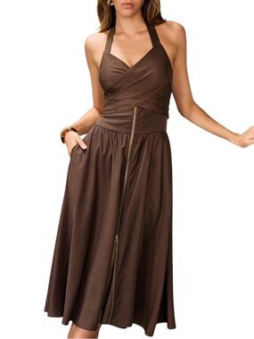 Commense NWT Brown Halter Midi Dress Front Zipper Back Bow Pockets Size Small